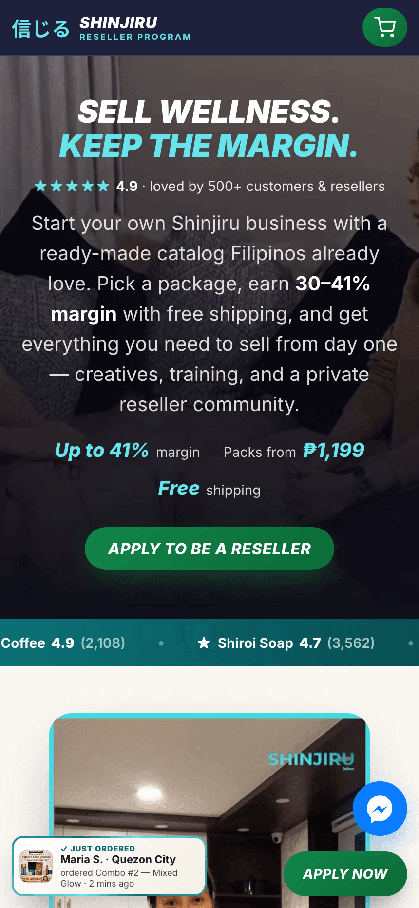 Reseller landing hero — 'Sell wellness. Keep the margin.' with 30–41% margin pitch